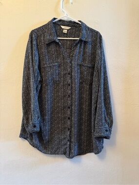 EUC- cj banks Plus Size Black/White Patterned Blouse - Long Sleeve 1X